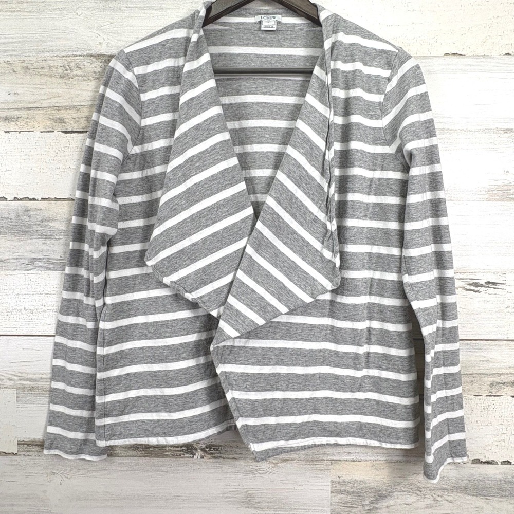 J Crew Striped Open Front Cardigan Sweater Womens Size M Gray White Cotton